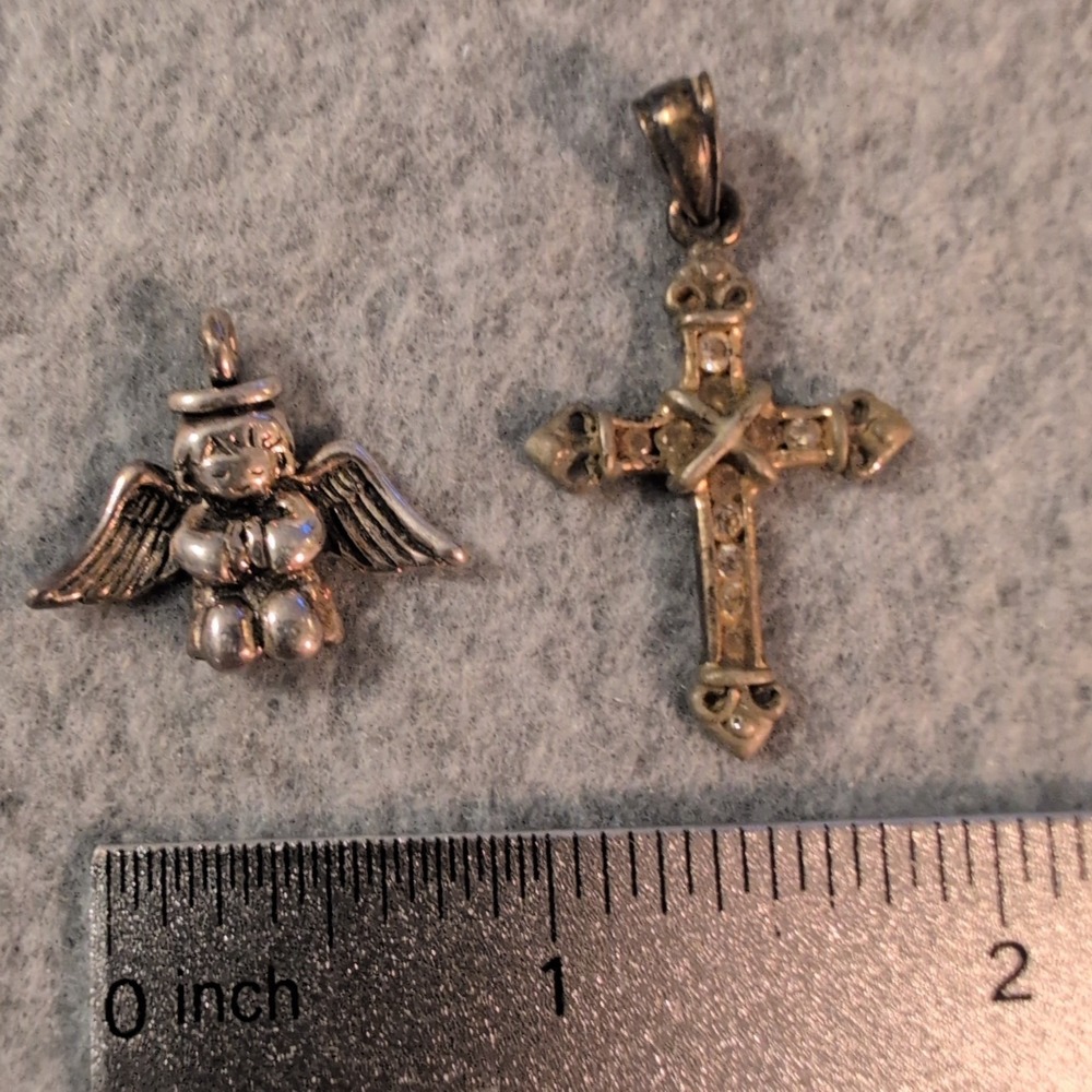 Set of 2 Angel and Cross Pendants Religious Charms Silver Tone - Picture 2 of 2